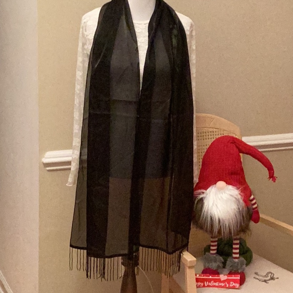 Iridescent black sheer scarf/wrap 20”x 80” with 3” beaded tassels